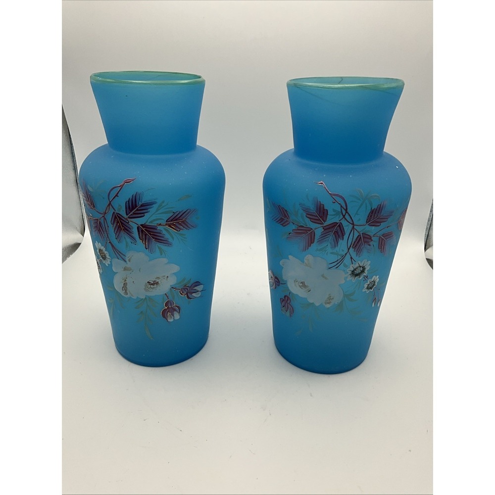 Pair Vintage Blue Satin Glass Floral Vases Hand Painted Frosted 6.5"